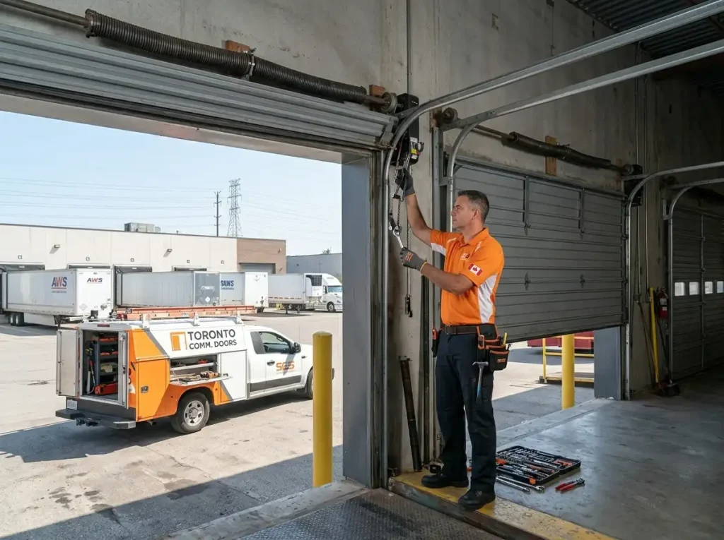 Overhead Doors Repair commercial technician repairing large overhead sectional door at a warehouse loading bay in Toronto GTA