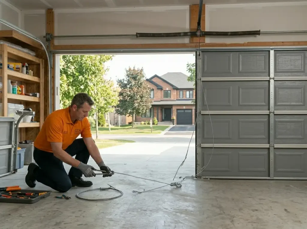 Overhead Doors Repair licensed technician replacing broken garage door cable and inspecting drum system inside residential garage in Toronto GTA