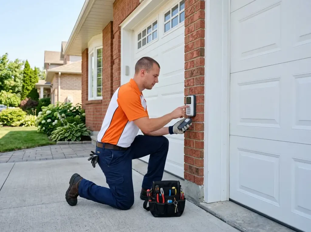 Overhead Doors Repair technician programming and replacing a garage door keypad on a residential home in Toronto GTA