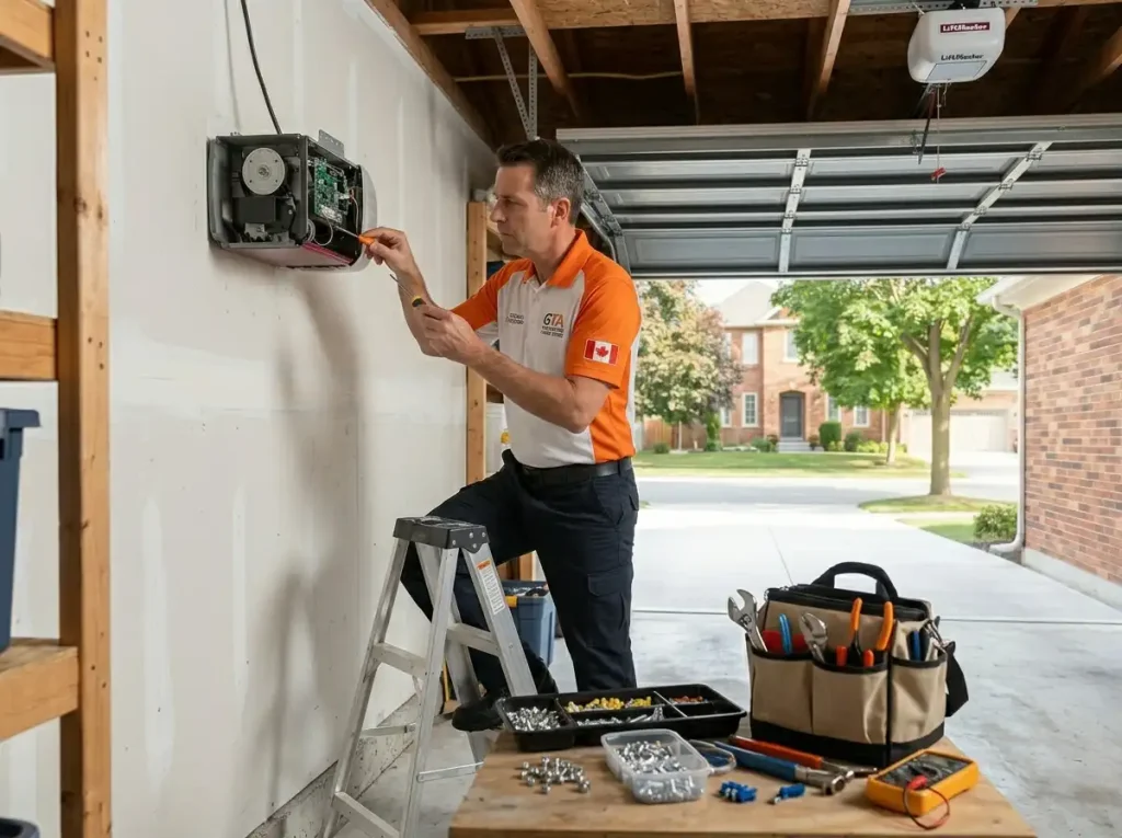 Overhead Doors Repair licensed technician repairing garage door opener motor unit inside residential garage in Toronto GTA