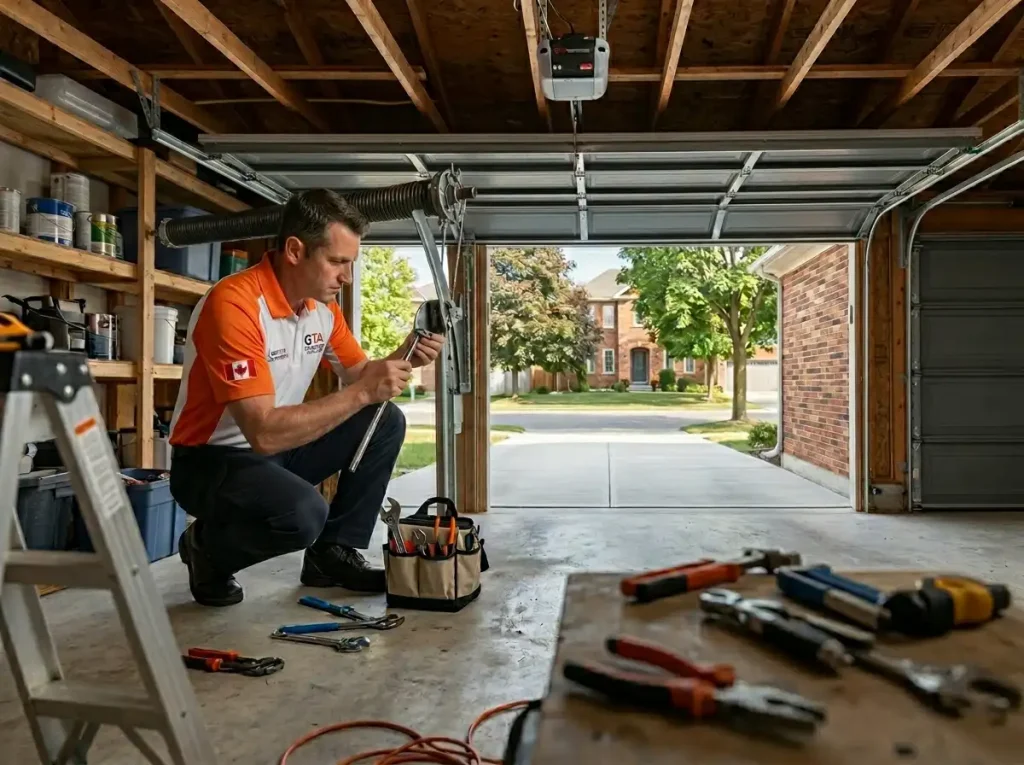 Overhead Doors Repair licensed technician performing same-day garage door repair on residential home in Toronto GTA