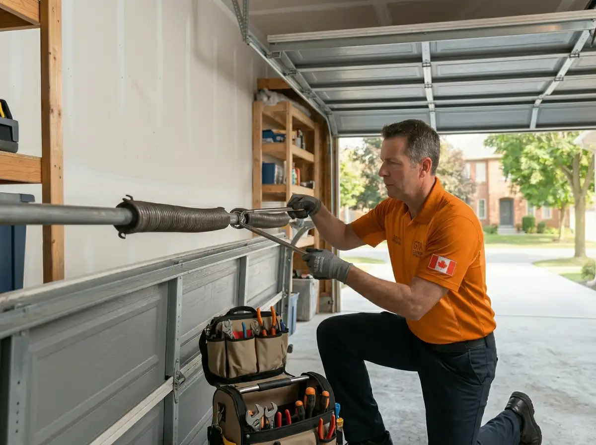 Overhead Doors Repair licensed technician safely replacing broken torsion spring on residential garage door in Toronto GTA