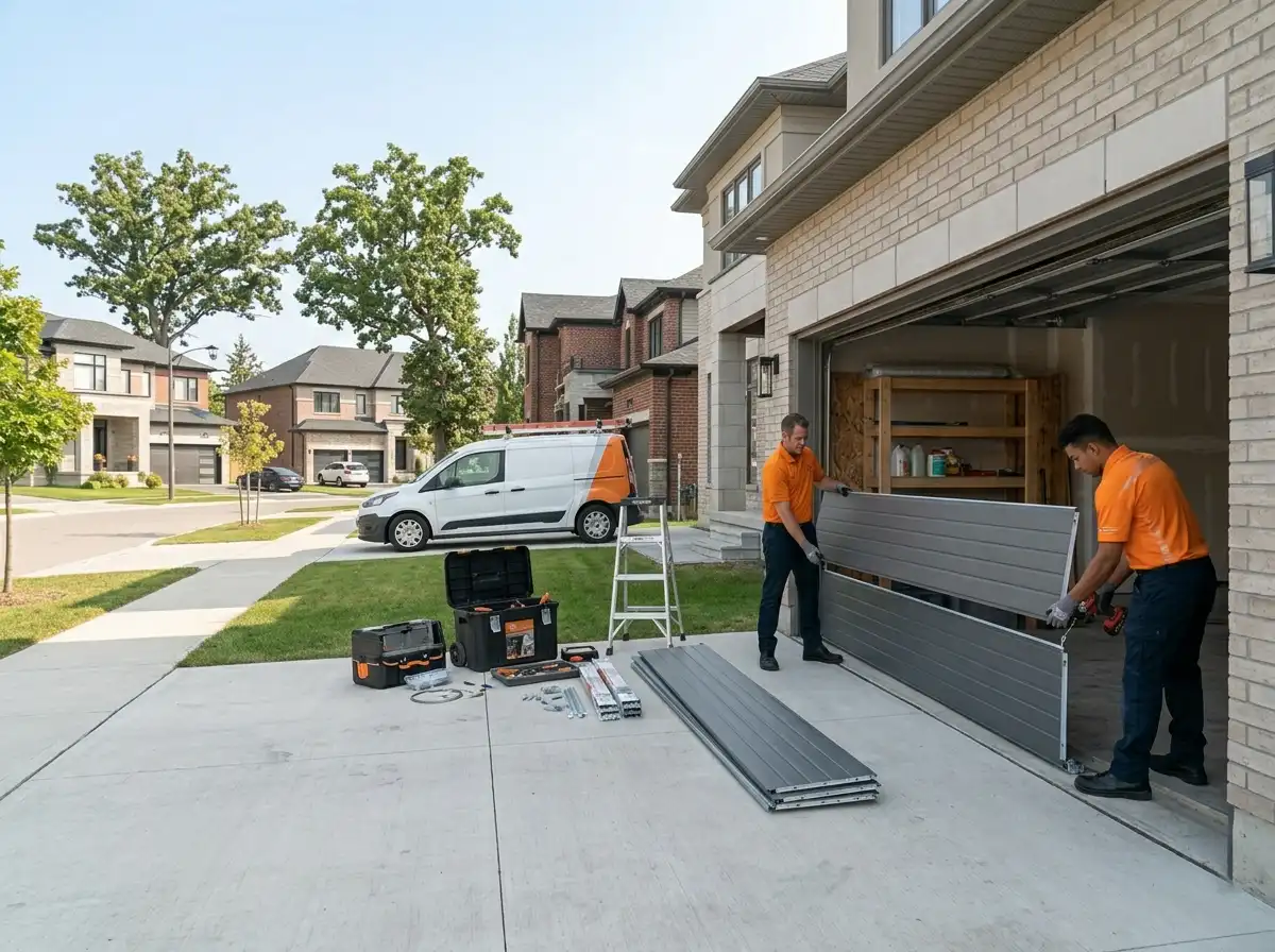 Overhead Doors Repair professional team installing a new insulated steel garage door on a modern suburban home in Toronto GTA
