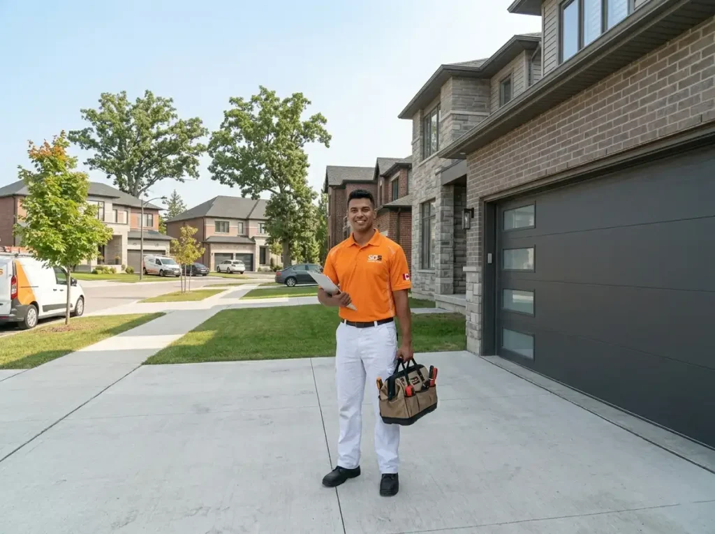 Overhead Doors Repair technician completing full residential garage door service on a detached suburban home in Toronto GTA