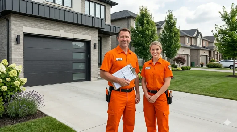 Licensed Overhead Doors Repair technicians standing beside service van outside residential home in the GTA